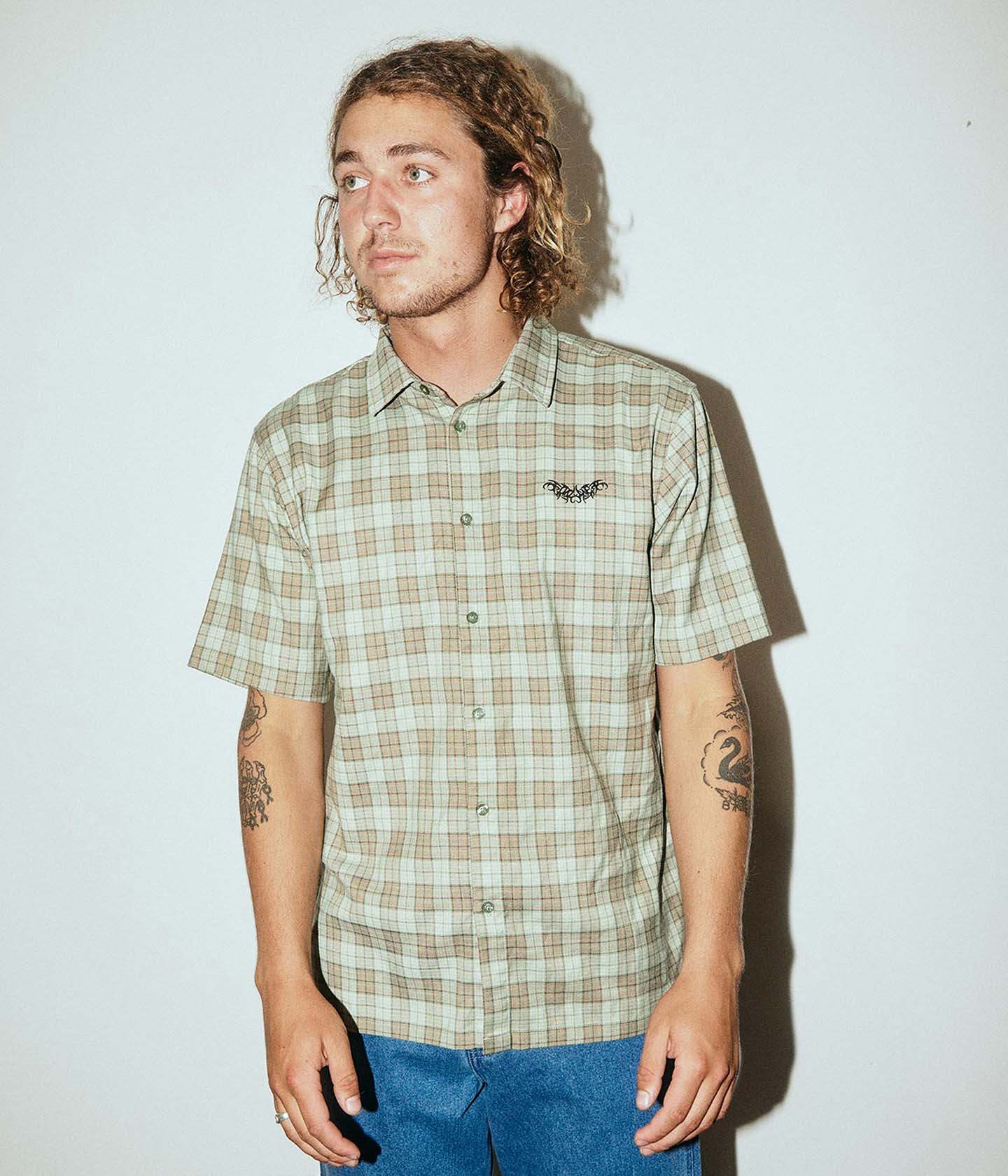 MANNERS CHECK SS SHIRT // GREEN BROWN